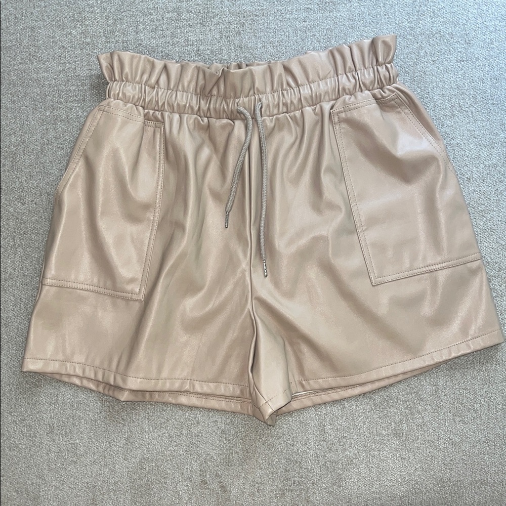 HYFVE Faux leather paper-bag waist shorts, taupe, large